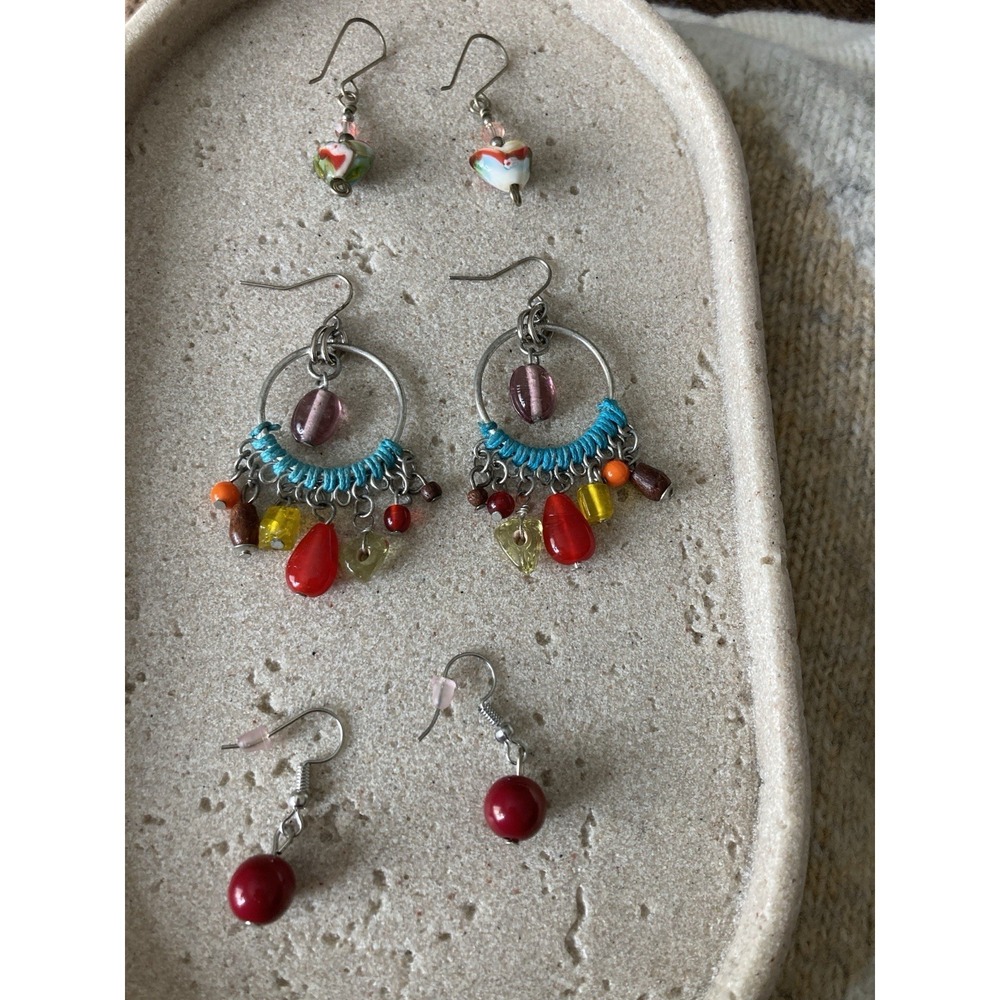 Boho Colorful Dangle Earrings Lot Beaded Hoop Red Drop Floral Artsy 3 Pair